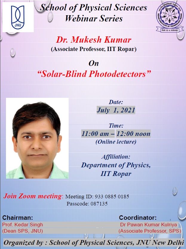SPS organises a talk by Dr. Mukesh Kumar on "SolarBlind Photodetectors